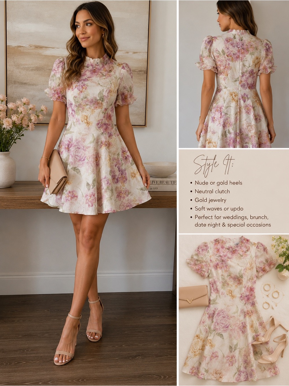 NWT Antonio Melani Iris Linen Floral Print Mockneck Short Sleeve Dress Size 8